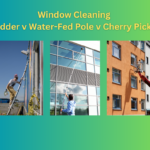 Pictures showing a ladder, waterfed pole and cherry picker used for window cleaning