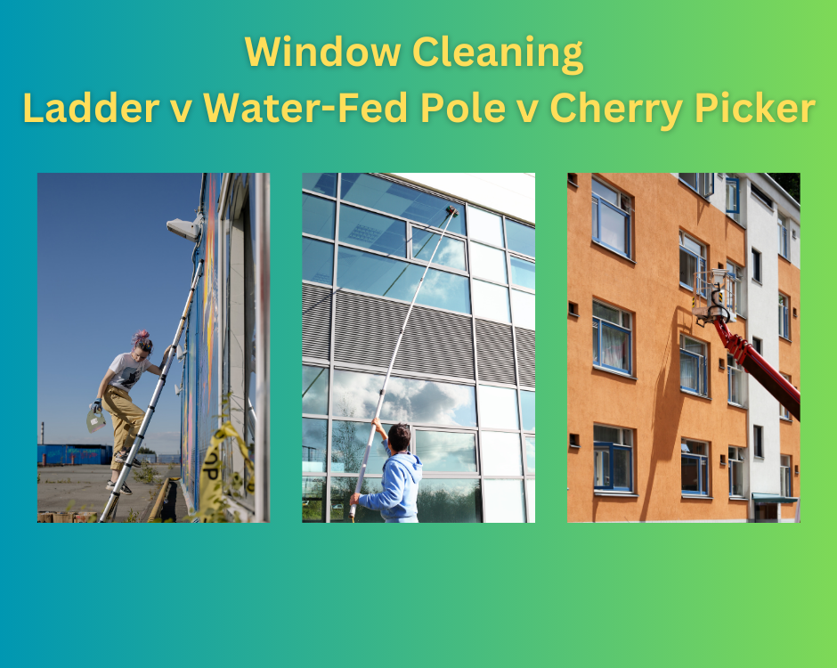 Pictures showing a ladder, waterfed pole and cherry picker used for window cleaning