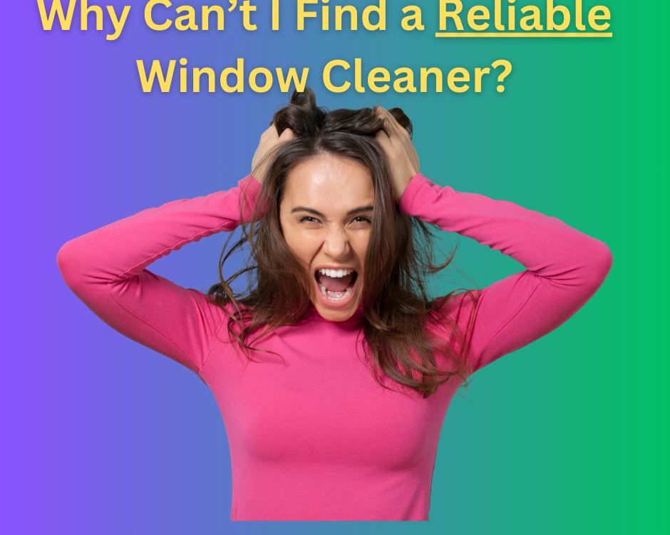 A photo of a woman wearing pink looking very frustrated and asking the question Why cant I find a reliable window cleaner?