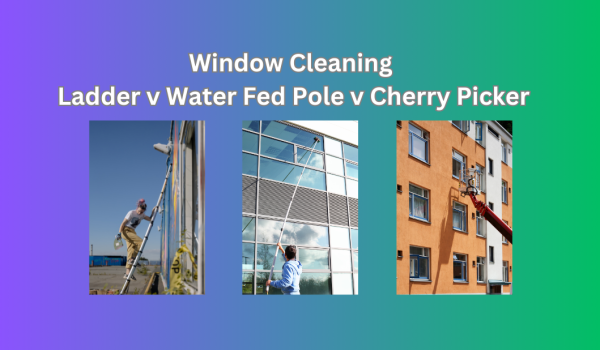 Window Cleaning Pictures showing a ladder a water fed pole and a cherry picker